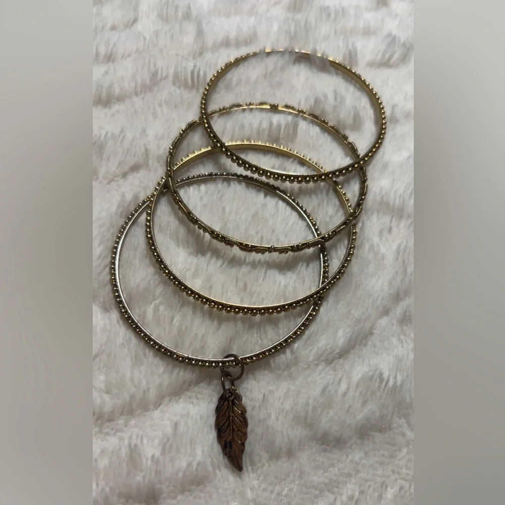 Gold Bangle Bracelets with Leaf Charm